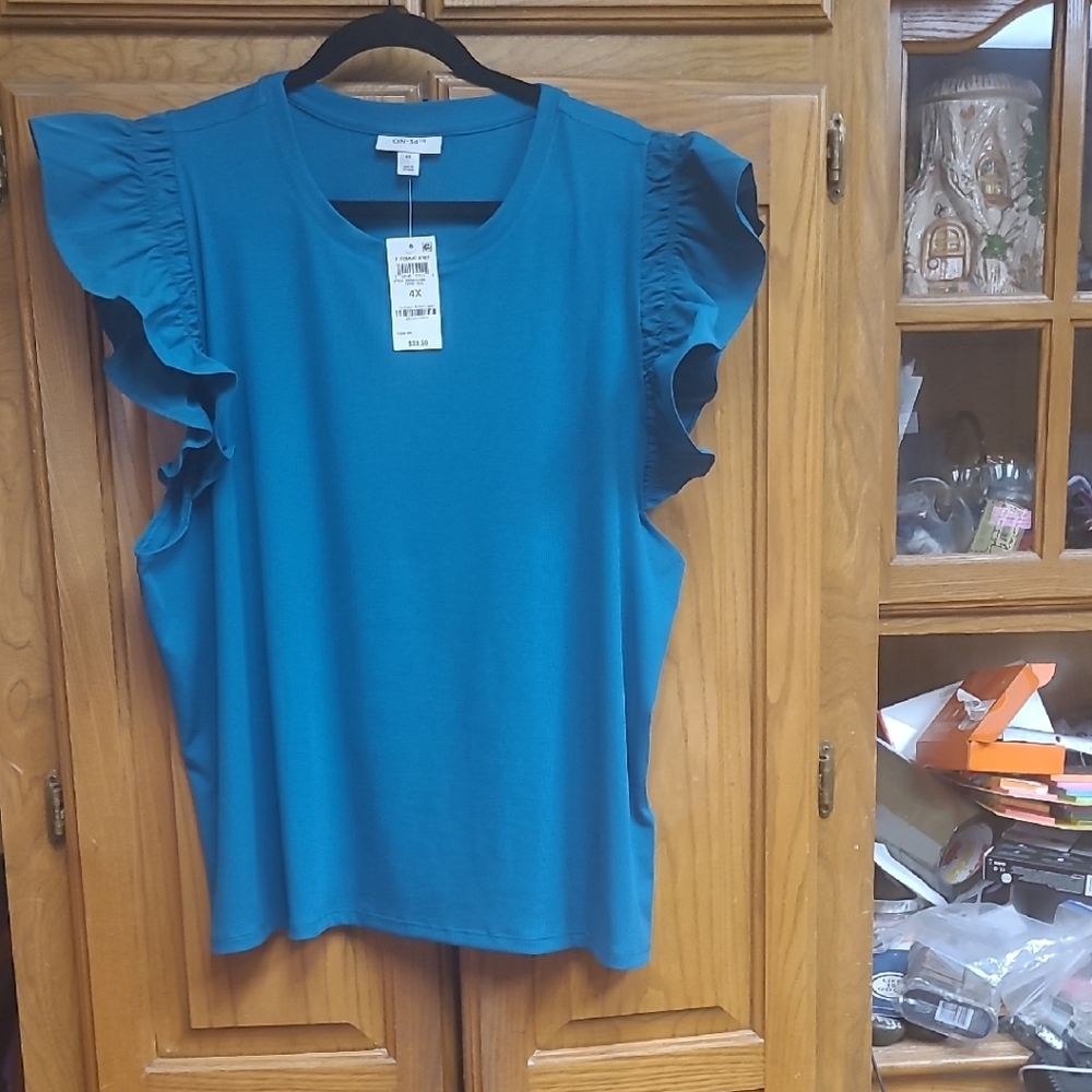 Blue Flutter Sleeve Ruffled Blouse